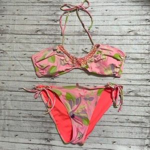 Victorias Secret Womens  Bikini Set Lined Floral Two Piece Set Pink Size Medium